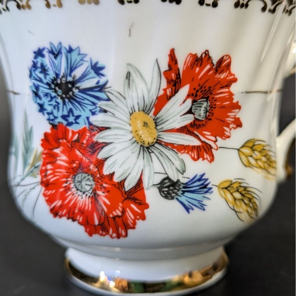 Sutherland Bone China Tea Cup Gold Trim Red Blue Floral Vintage England